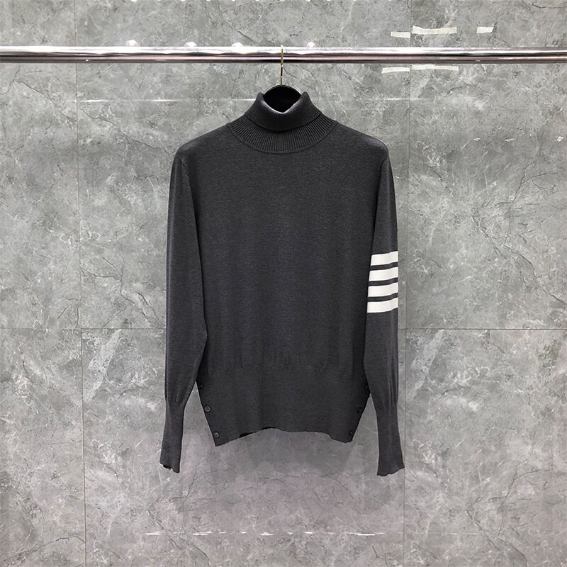 THOM TB Sweaters Male Autunm Winter Fashion Brand Men&s Clothing White 4-Bar TurtleNeck Stripe Knit Dark Gray TB Sweaters